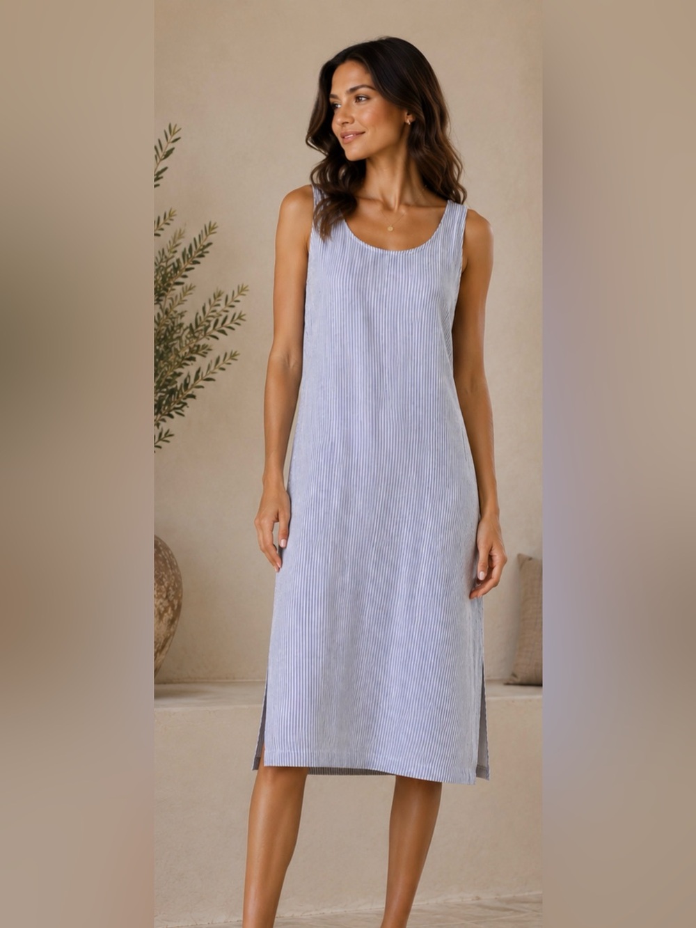 Marine Layer Linen-Blend Blue Stripe Scoop Neck, Tie Back Slip Dress, Small